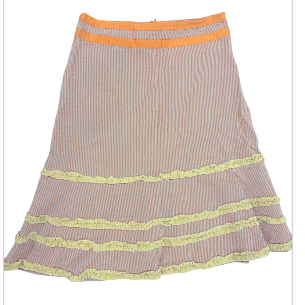 Neesh by D.A.R. Ruffled Midi Pink and Blue Striped Cotton Skirt Women’s Size Lg